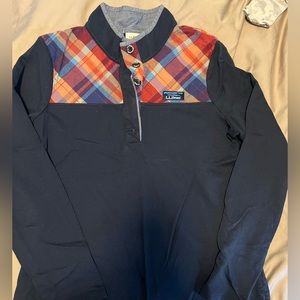 Plaid and Navy LL Bean Women’s Quarter Button Sweater